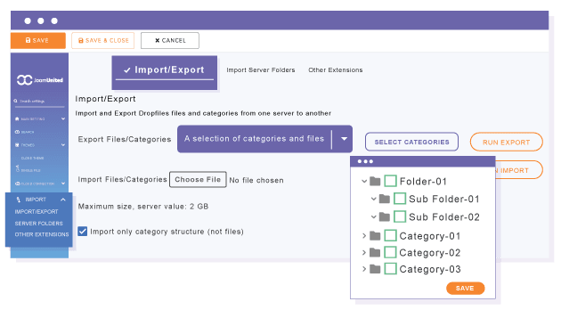 Export and import only the file structure