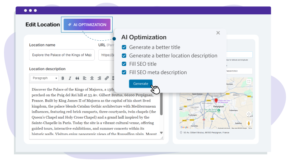 Flexible shortcode generator for locations search, maps and places