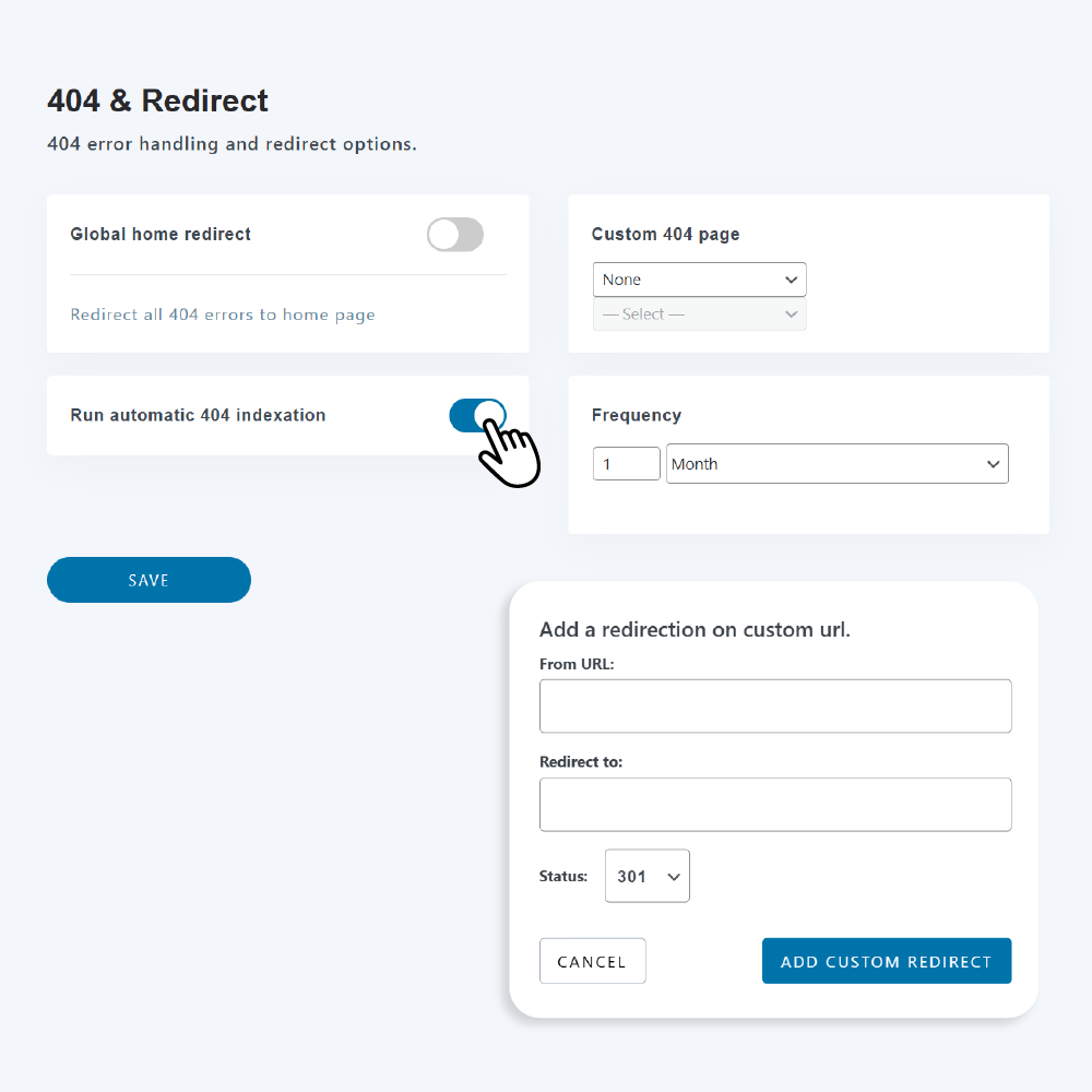 Índice automático de erros 404 e aplicar regras de redirecionamento