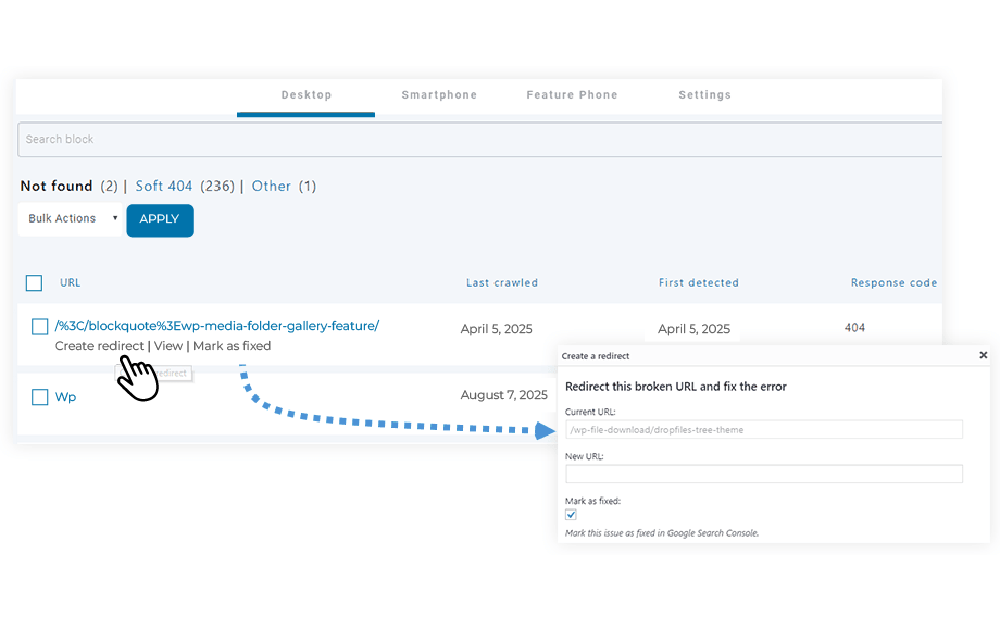 Importação e correção de erros 404 da Console de Pesquisa do Google
