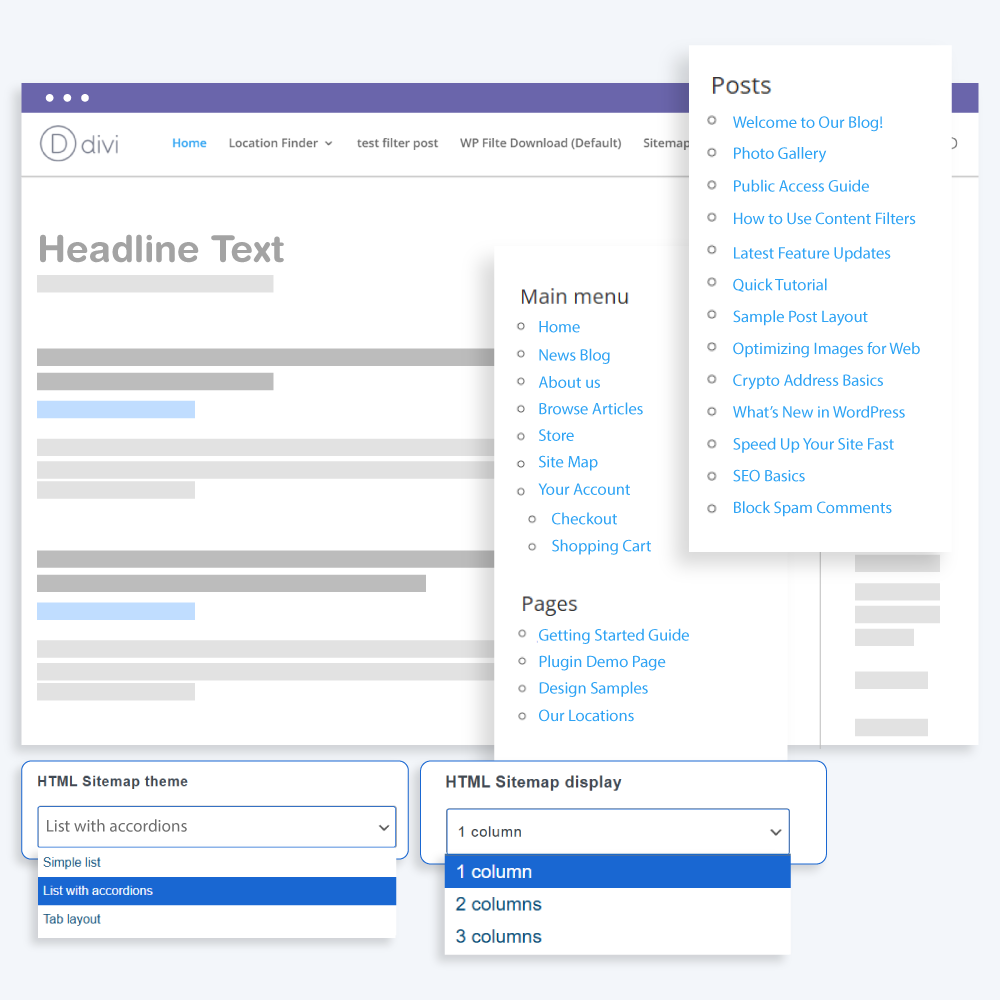 Mapa do site HTML para WordPress com layout em colunas