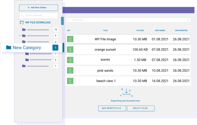 File categories manager with folder tree