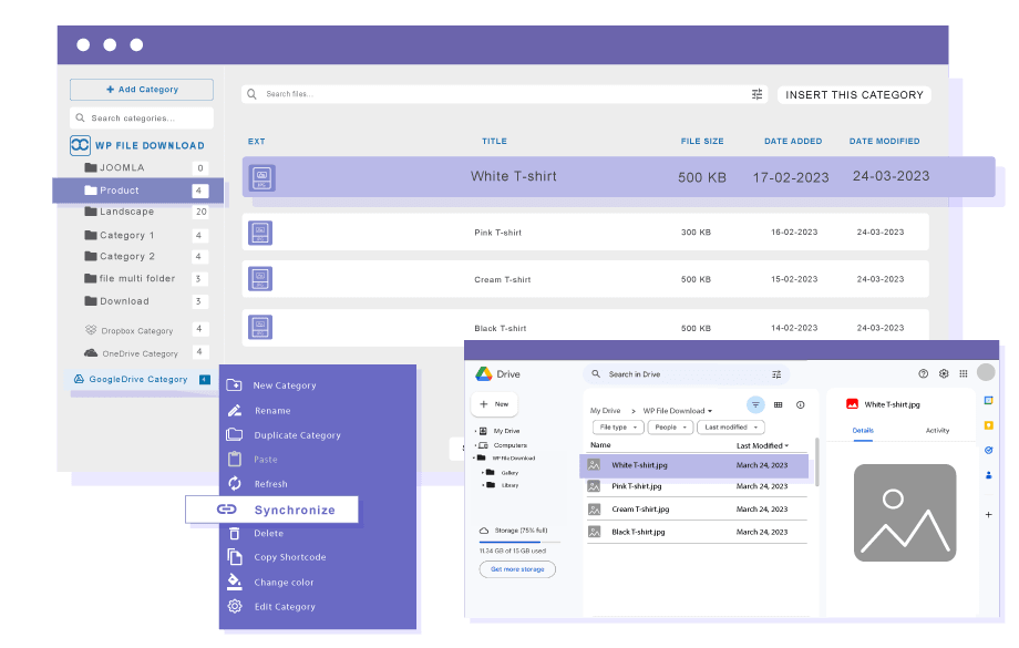 What elements are synchronized by WP File Download?