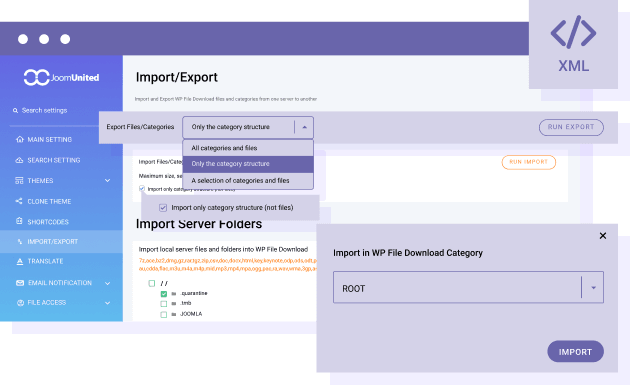 Export and import only the file structure