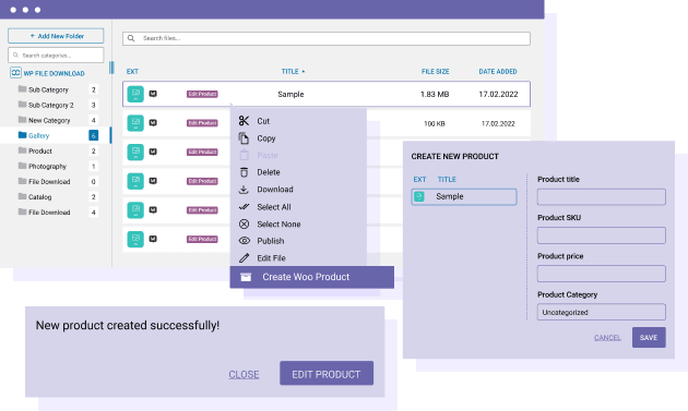 Batch creates products from WP File Download