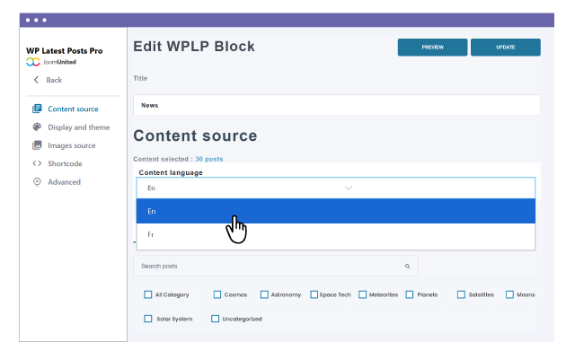 WordPress Multisite and multilingual websites news block