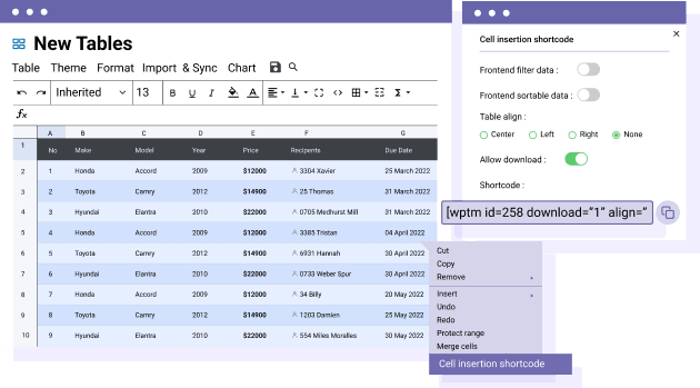 Insert a cell selection in your content