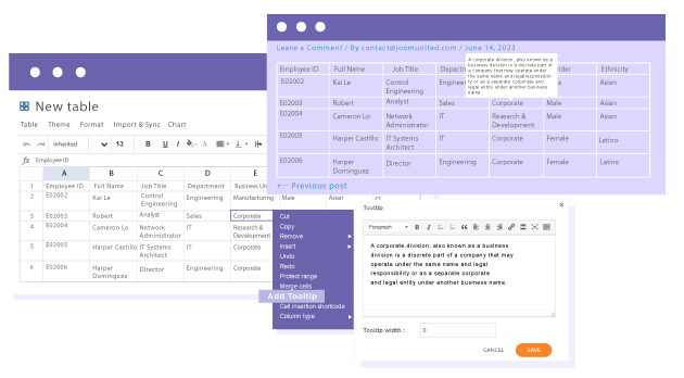 Add tooltips in Gutenberg tables