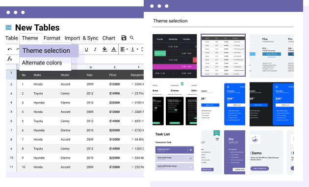 Table planning and data list themes
