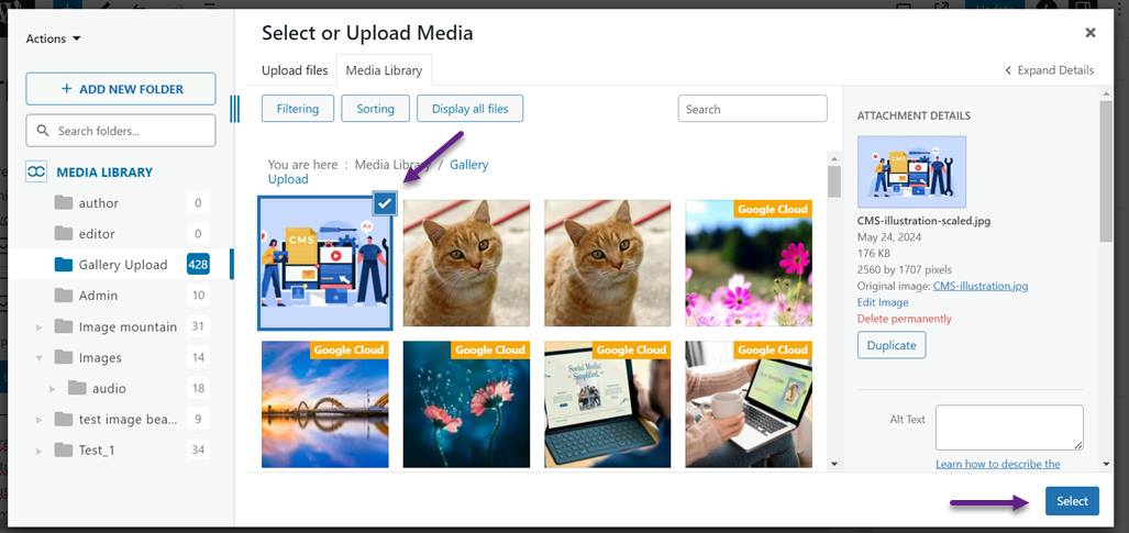 Selecteer Afbeelding Afbeeldingen en mediabestanden vervangen in WordPress