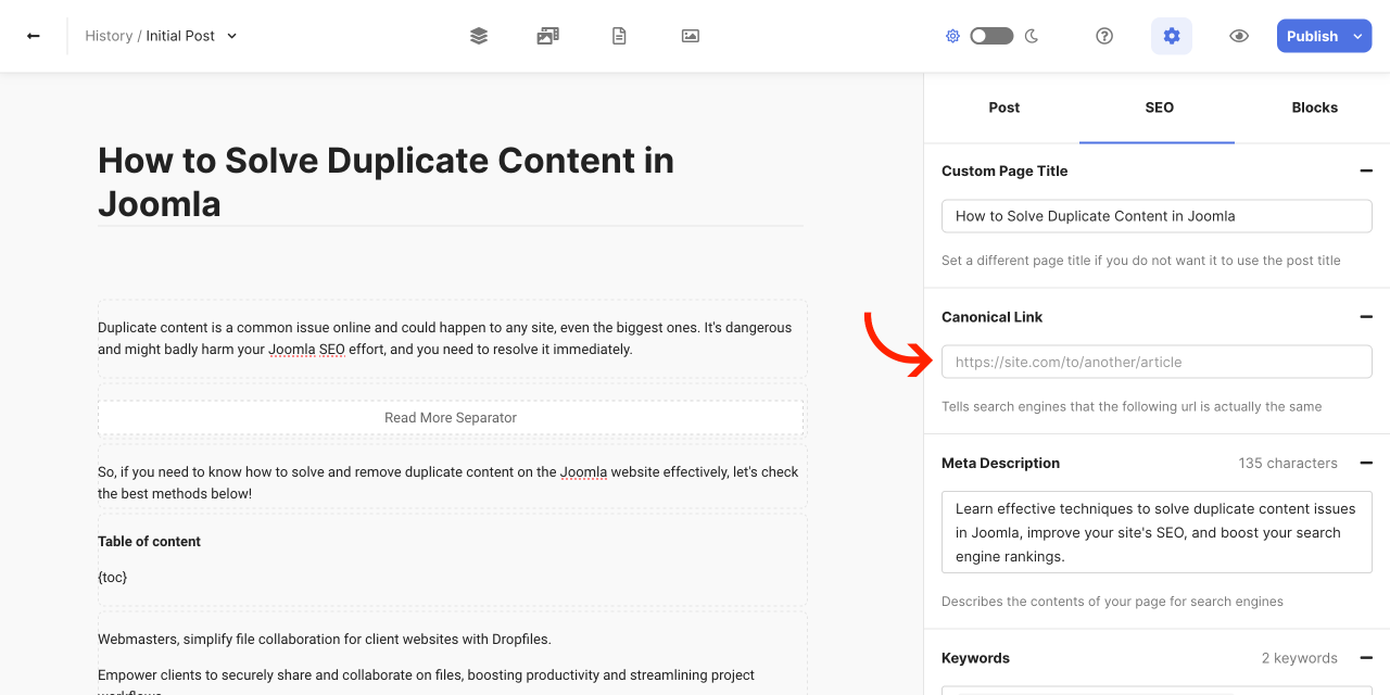 Implementación de etiquetas canónicas en Joomla