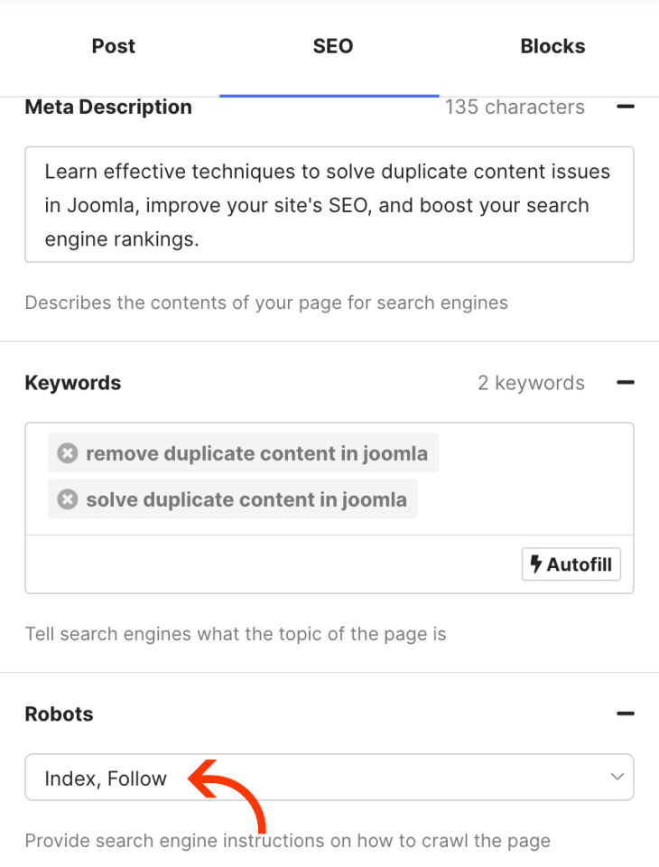 Configuración de robots de metaetiquetas en Joomla