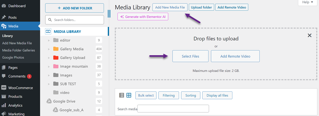 Aggiungi nuovo file multimediale - Come aggiungere didascalie alle immagini WordPress