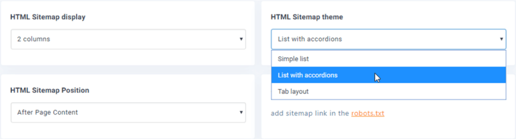 รายการที่มีการตั้งค่าแผนผังเว็บไซต์ Accordions WP Meta SEO