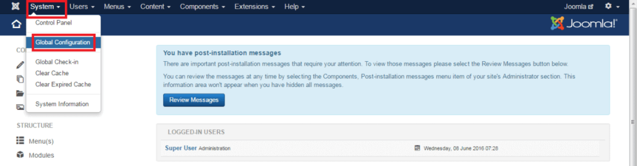 Page de configuration globale de Joomla