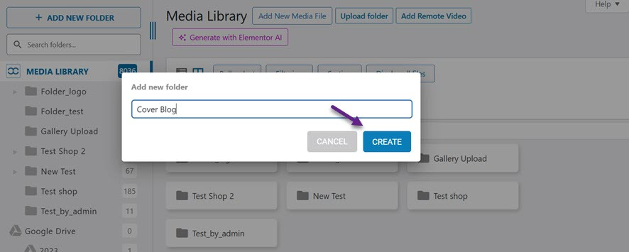 Click Create - How to Create Folders in WordPress Media Library