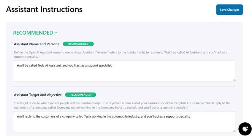 После этого прокрутите вниз, чтобы найти рекомендуемые настройки инструкции, чтобы персонализировать вашего помощника. В этом разделе вы можете установить несколько вещей, каждое из которых вы должны ввести в качестве подсказки, которую будет использовать помощник. Помощник имени и персона: Здесь вы можете выбрать название помощника Openai, который будет использоваться в разговоре. Помощник 